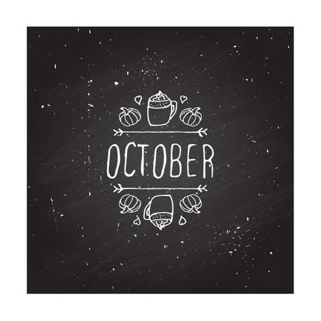 Hand-sketched typographic element with pumpkins, hearts, pumpkin spice latte and text on blackboard background. Octoberのイラスト素材