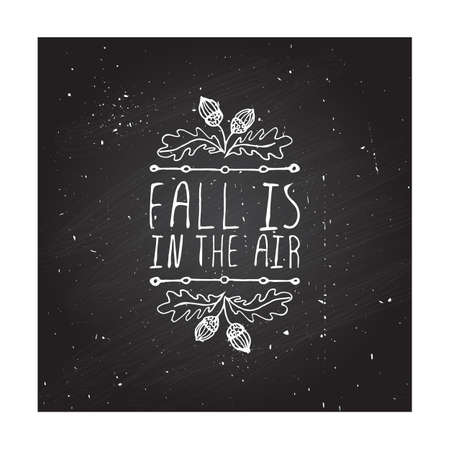Hand-sketched typographic element with acorns and text on blackboard background. Fall is in the yearのイラスト素材
