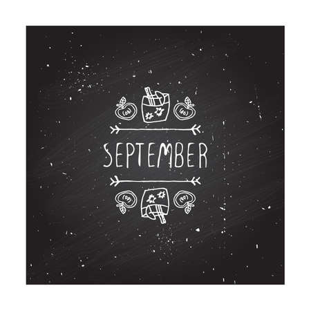 Hand-sketched typographic element with apple, apple cider and text on chalkboard background. Septemberのイラスト素材