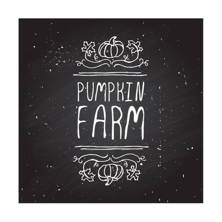 Hand-sketched typographic element with pumpkin, maple leaves and text on blackboard background. Pumpkin farmのイラスト素材
