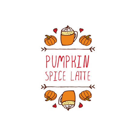 Hand-sketched typographic element with pumpkins, hearts, pumpkin spice latte and text on white background. Pumpkin spice latteのイラスト素材