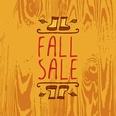 Hand-sketched typographic element with rubber boots, leaves and text on wooden background. Fall saleのイラスト素材