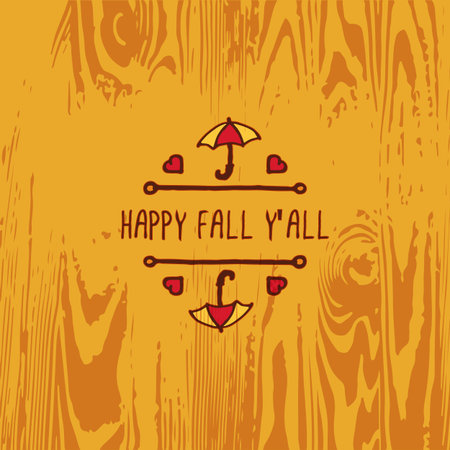 Hand-sketched typographic element with umbrella, hearts and text on wooden background. Happy fall you allのイラスト素材