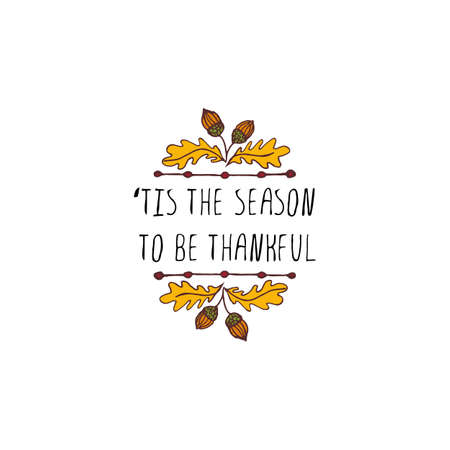 Handdrawn thanksgiving label with acorns and text on white background. Tis the season to be thankful.のイラスト素材