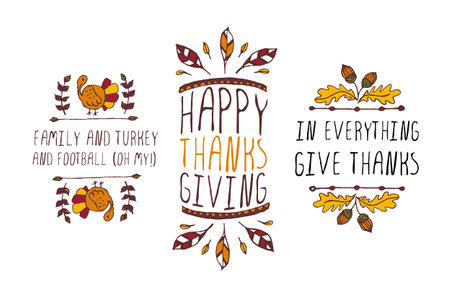 Set of Thanksgiving elements. Hand-sketched typographic elements on white background. Family and turkey. Happy Thanksgiving. In everything give thanks.のイラスト素材