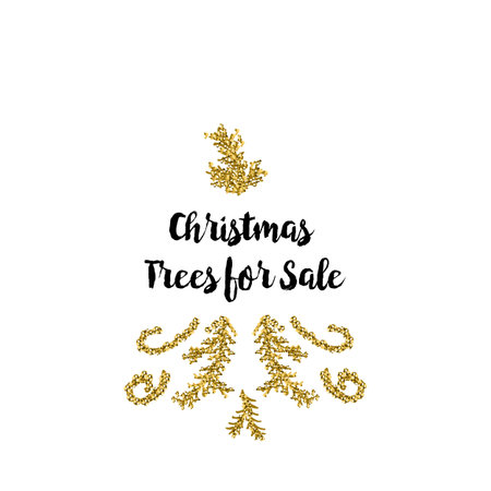 Christmas greeting card on white background with golden elements and text Christmas Trees for Saleのイラスト素材