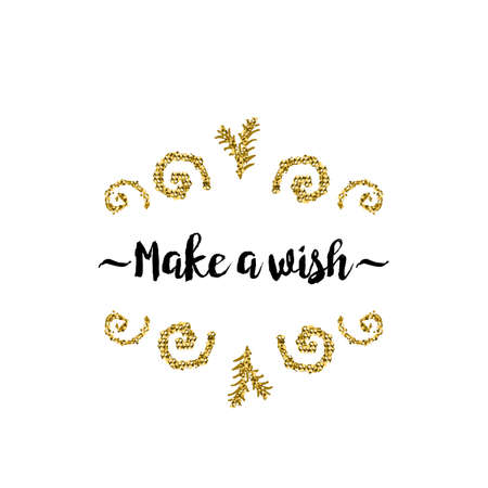 Christmas greeting card on white background with golden elements and text Make a wishのイラスト素材