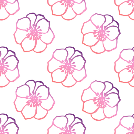 Seamless pattern with hand drawn anemones. Living coral and deep violet colors. Suitable for packaging, wrappers, fabric design. Vector illustrationのイラスト素材