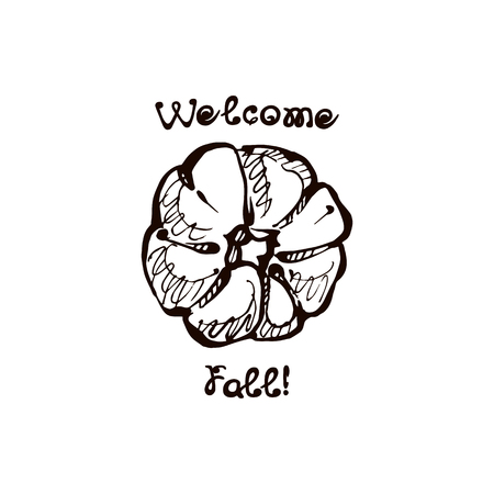 Autumn handdrawn pumpkin with lettering isolated on white background. Text: Welcome fallのイラスト素材