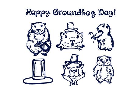 Hand drawn winter set with groundhogs and handwritten textのイラスト素材