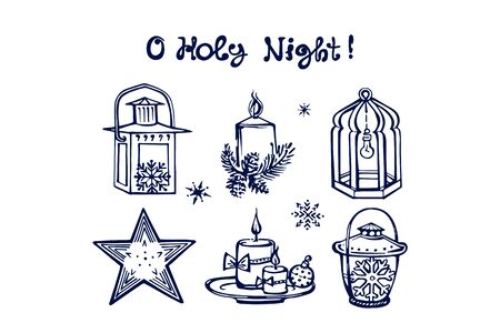 Hand drawn winter set with candles, lanterns and handwritten textのイラスト素材