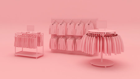 Clothing store showcase concept 3d illustration in pink colorの写真素材