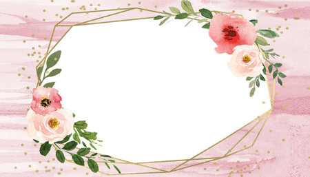 Watercolor floral frame with pink roses and green leaves on pink backgroundの写真素材