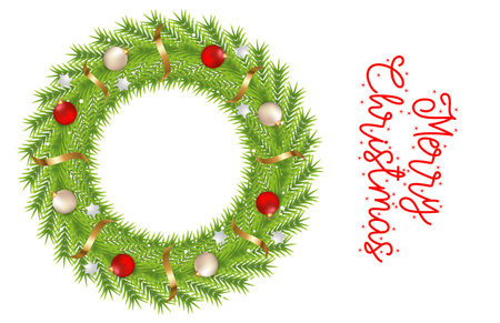 Christmas floral frame. Painted border for holiday greeting card and invitation. Green Christmas Pine Wreathの素材