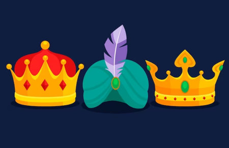 Crowns in flat style. Vector illustration. Happy Three Magic Kings Day. Greeting card or banner for Epiphany Day. Vector trendy illustration, background blueの素材