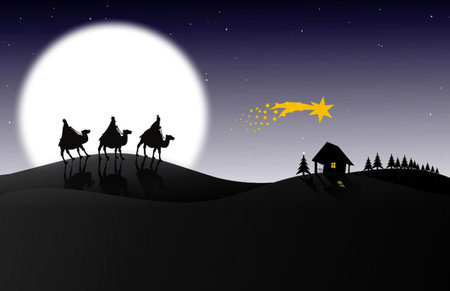 Christmas background with three wise men riding camels in front of the full moonの素材