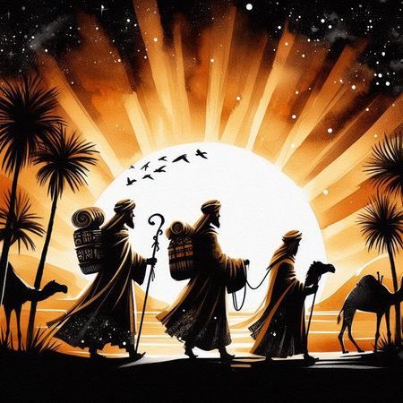 Epiphany Bethlehem Three Wise Men on their Way to Bethlehem Mary and Joseph and Baby Jesus Wallpaper Generative AI Digital Art Illustrationの素材