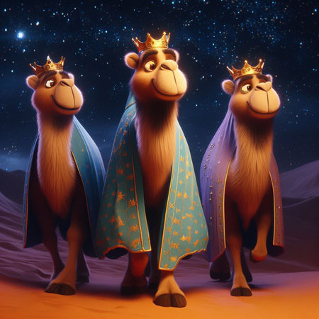 Camel on the background of the starry sky, Epiphany Bethlehem Three Wise Men on their Way to Bethlehem Mary, Joseph and Baby Jesus Wallpaper Generative AIDigital Art Illustrationの素材