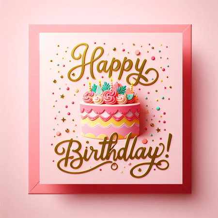 Happy Birthday greeting card with cake and confetti. Vector illustration.の素材