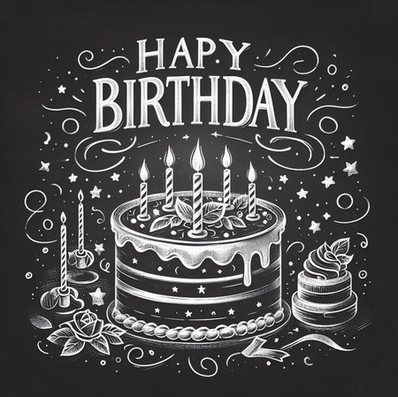 Birthday cake with candles on chalkboard background. Vector illustration.の素材