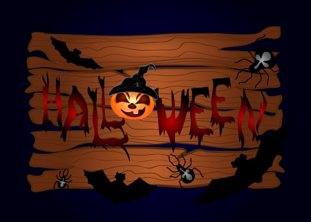 Halloween night background with wood and pumpkins  Vector illustrationのイラスト素材