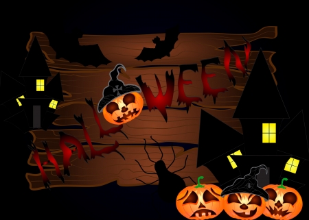 Halloween night background with wood and pumpkins  Vector illustrationのイラスト素材