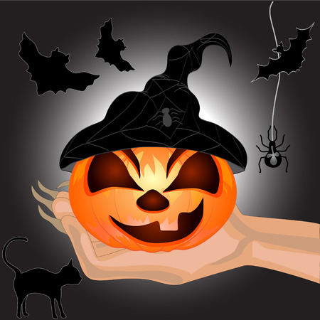 Terrible Pumpkin on a hand at witch.Halloween. Halloween banner .Vector illustrationのイラスト素材