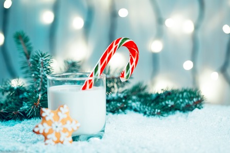 Christmas gingerbread and milk with decorations, snow, christmas tree branches on bokeh blurred lights background. Free spaceの写真素材