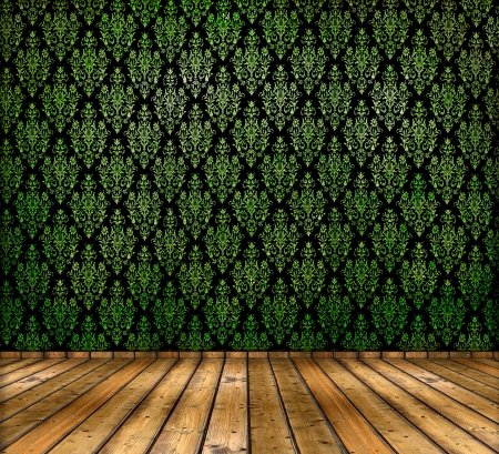 grunge room interior with green vintage wallpapers and wooden floorの写真素材
