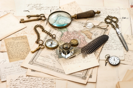 antique accessories, old letters and maps, vintage ink pen  nostalgic sentimental journey background  ephemeraのeditorial素材