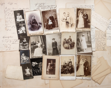 old letters and antique family photos  parents, grandfather; grandmother; children  nostalgic vintage pictures from ca  1900のeditorial素材