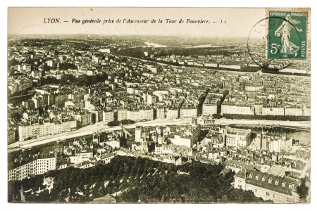 LYON, FRANCE - CIRCA 1919  vintage postcard with aerial view from Lyon, France, circa 1919のeditorial素材