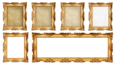 old golden frame with different empty grunge cracked canvas
