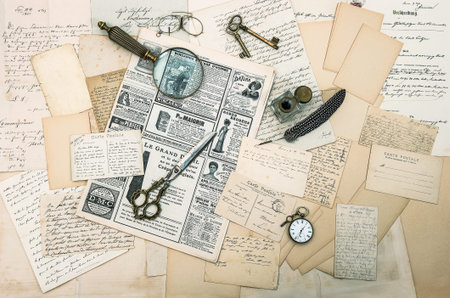 antique accessories, old letters and postcards, vintage ink pen  nostalgic sentimental background ...