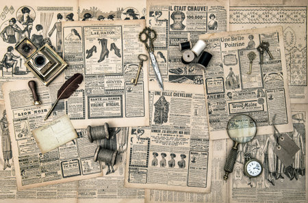 antique accessories, sewing and writing tools, vintage fashion magazine for the woman  retro style...