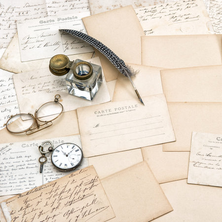 old letters, handwritings, vintage postcards and antique feather pen  nostalgic sentimental...