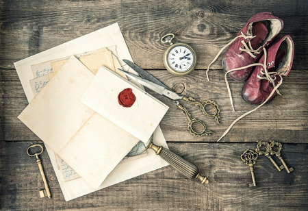 antique office supplies and writing accessories  nostalgic still life  retro style toned pictureの写真素材