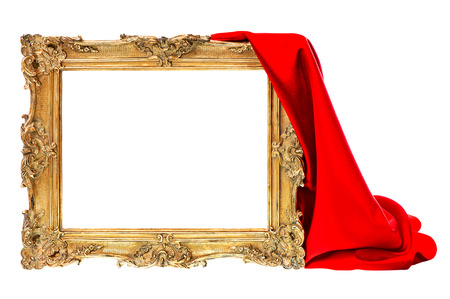 baroque golden frame with red silk decoration isolated on white backgroundの写真素材