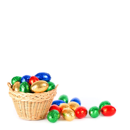 colorful chocolate easter eggs on white background with space for your text