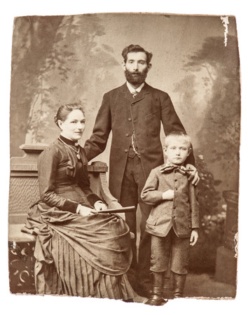 BERLIN, GERMANY - CIRCA 1860  antique family portrait of mother, father and son  wearing vintage clothing, circa 1860 in Berlin, Germanyの写真素材