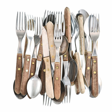 Retro kitchen utensils isolated on white Antique cutlery knife, fork and spoons