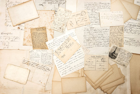 old letters, handwritings and vintage postcards. nostalgic sentimental background. ephemeraの写真素材
