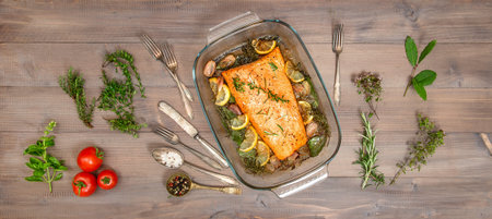 baked salmon trout fish with fresh herbs and spices. helthy food backgroundの写真素材