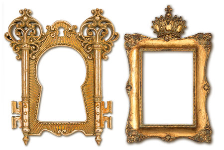 vintage golden picture frames isolated on white background
