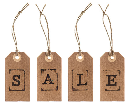 brown paper tag with string isolated on white background  SALE conceptの写真素材
