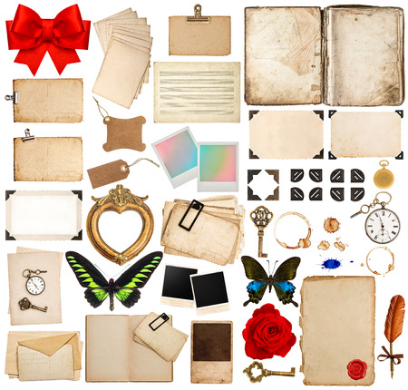 old book pages, paper sheets, cards, corner and photo frames isolated on white background. scrapbooking elements for holidays greetingsの写真素材