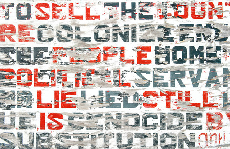 rustic wooden wall with red and grey letters. abstract backgroundの写真素材