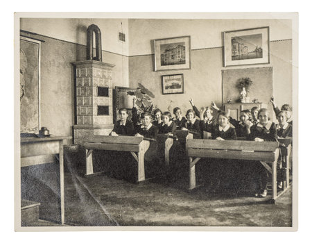 retro picture of classmates. group of children in the classroom. antique photo with original film...