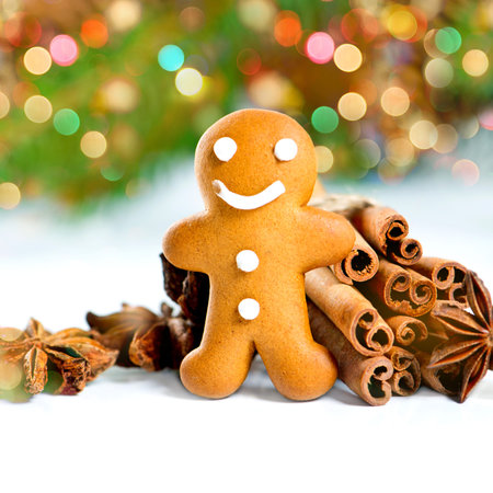 smiling gingerbread man with christmas spices. selective focus. defocused lights effect