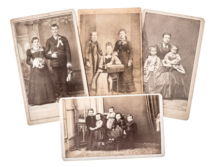 group of vintage family and wedding photos circa 1880-1900. nostalgic sentimental pictures on white backgroundの写真素材